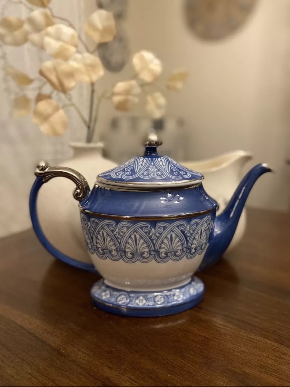 Vintage Bombay ceramic teapot, blue, and silver